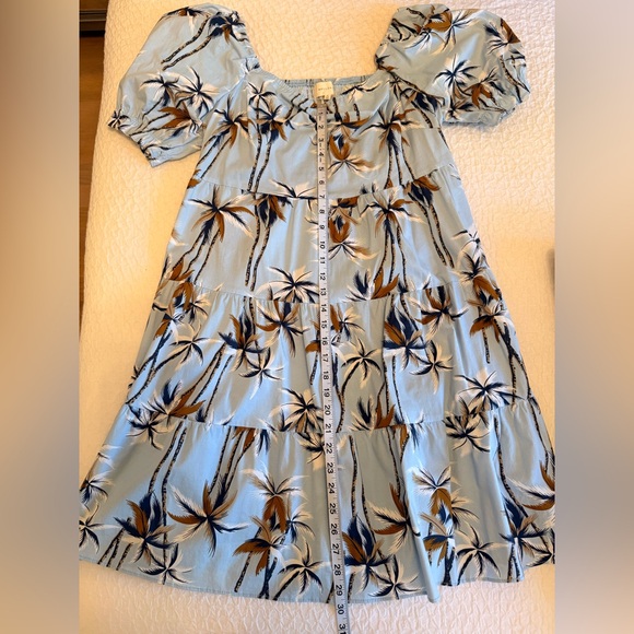 Melloday Light Blue Palm Print Puff Sleeve Dress with Pockets — Size XL - Picture 4 of 10